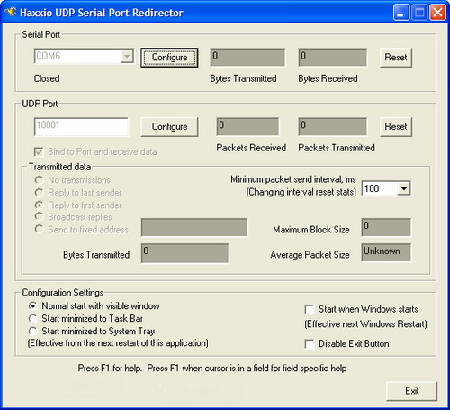 Screenshot for UDP Serial Port Redirector 1.2.1